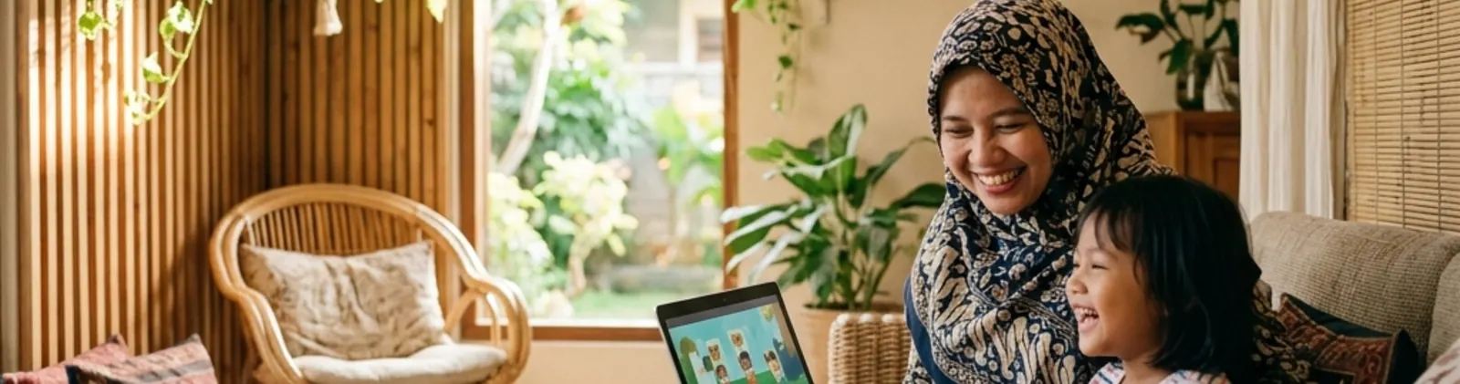 Ibu berhijab batik dan anaknya tertawa bersama sambil menatap layar laptop di ruang tamu